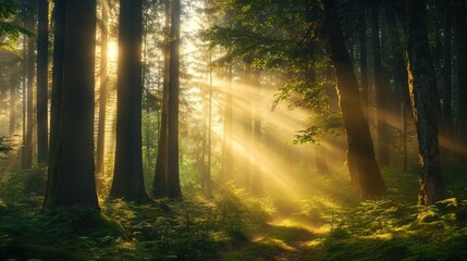 Fototapeta premium Serene forest landscape bathed in warm golden hour light with mystical fog rolling between ancient tree trunks creating atmospheric woodland scene perfect for fantasy backgrounds