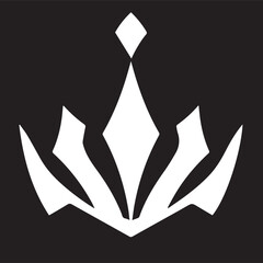 A white abstract emblem on a black background, resembling a crown, a fleur-de-lis, or a stylized lotus, with sharp, flowing lines and a diamond top.