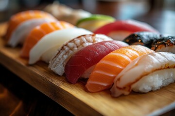 Elegant omakase sushi experience featuring fresh nigiri on a dark wooden table, beautifully photographed with shallow depth of field to highlight the premium quality and delicate flavors