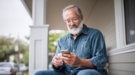 Senior man checking medication details on smartphone while sitting on porch. He appears focused and engaged, highlighting importance of managing health effectively
