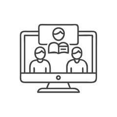 Illustration of a virtual classroom setting with two students and a teacher on screen, depicting online learning.