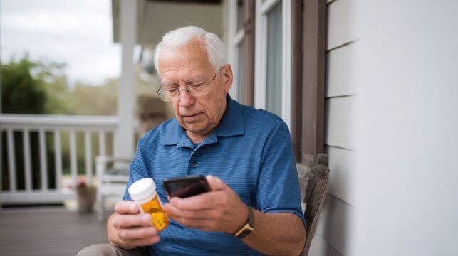 Senior man checking medication details on smartphone while sitting on porch, displaying thoughtful expression. He holds prescription bottle, indicating focus on health management