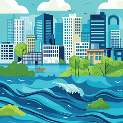 Climate Change Impact Rising Sea Levels and Flooded Cities Infographic, Climate Change
