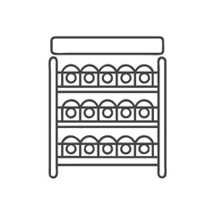 A simple outline of a multi-tiered shelf displaying a variety of round items, perhaps cans or jars, in a minimalistic design.