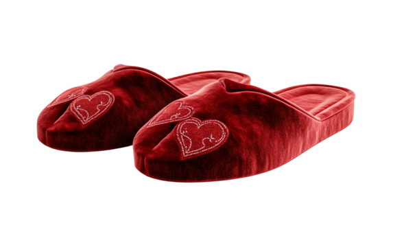 Artistic depiction of red velvet slippers adorned with intricate embroidery symbolizing classic craftsmanship and style isolated on transparent background PNG - Powered by Adobe