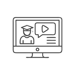 A computer screen displays a student in graduation cap engaging in an online learning session.