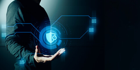 hand of businessman interactive touching a holographic of transaction financial network data...