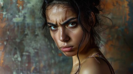Frustration captured in the striking gaze of a woman amid an abstract backdrop