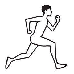 A black outline drawing of a person running with arms bent and legs striding, on a plain white background.
