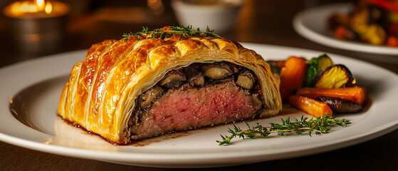 Beef Wellington with Puff Pastry, Served with Roasted Vegetables and Fresh Herbs