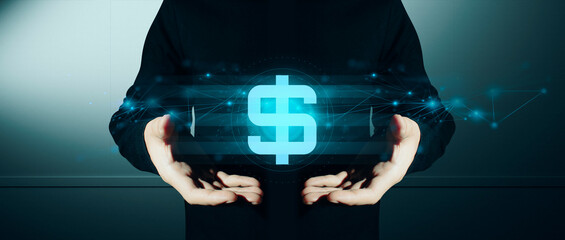 hand of businessman interactive touching a holographic of transaction financial network data...