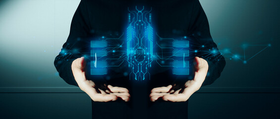 hand of businessman interactive touching a holographic of transaction financial network data...