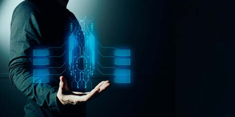 hand of businessman interactive touching a holographic of transaction financial network data...