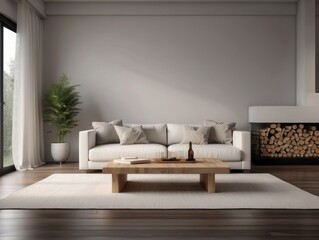 White sofa with blanket and wooden coffee table against fireplace with firewood stack