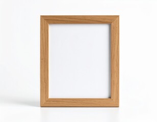 An empty wooden frame with a light oak finish is displayed against a clean white background, providing a neutral template for artwork or photographs display.