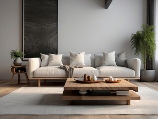 White sofa with blanket and wooden coffee table against fireplace with firewood stack