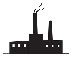 Obraz premium A black silhouette of a factory building with two smokestacks, one emitting smoke, against a white background.