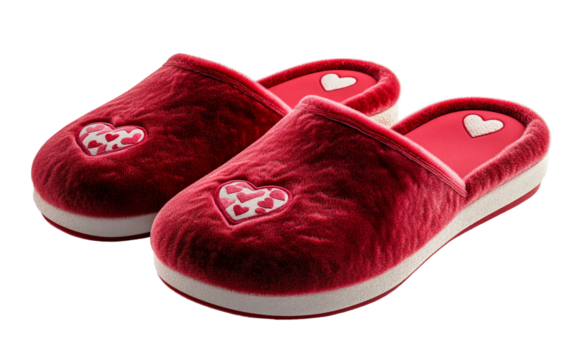 Pair of luxurious red velvet slippers featuring delicate embroidered details that highlight elegance and timeless comfort isolated on transparent background PNG