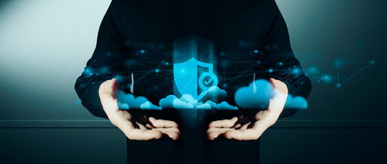 hand of businessman interactive touching a holographic of transaction financial network data...