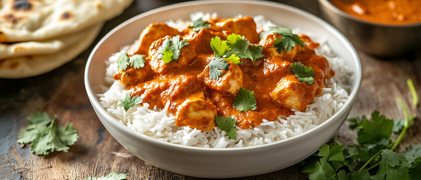 Buttery Chicken Curry Served Over Rice with Naan Bread