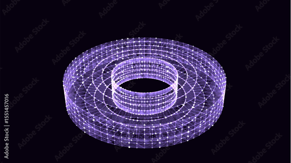 Poster sci-fi purple torus with particles and lines. concept network connection. vector frame torus. abstra