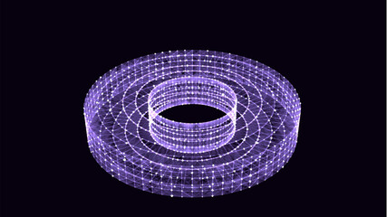Sci-fi purple torus with particles and lines. Concept network connection. Vector frame torus. Abstract technology background.