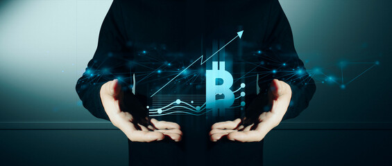 hand of businessman interactive touching a holographic of transaction financial network data...