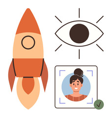 Rocket symbolizing growth, eye representing vision or observation, and facial recognition security. Ideal for startup development, innovation, insight, biometrics, identity, technology creativity