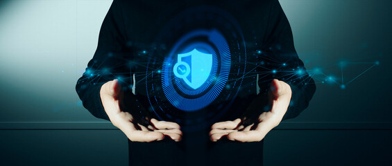 hand of businessman interactive touching a holographic of transaction financial network data...