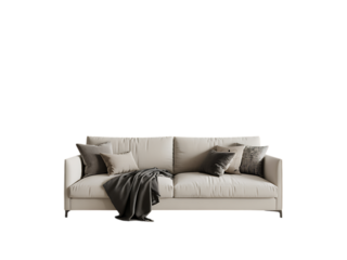 High-Quality Beige Sofa with Pillows and Throw, Isolated on Transparent Background