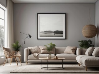 Grey armchair near beige loveseat sofa minimalist home interior wall copy space