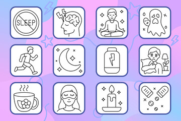 Sleep problems set icon. Insomnia, brain tension, meditation, nightmares, moon, supplement, exhaustion, tea, eye mask, candle, pills.