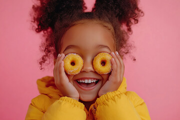 A dark-skinned little girl with donuts on her eyes smiles happily.