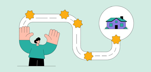 investor visualizing financial goal path to house on timeline, vector illustration for setting financial goals, investment timeline planning and achieving long-term objectives
