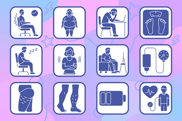 Sedentary lifestyle set icon. Poor posture, obesity, stress at work, weight check, sleepy sitting, arm numbness, screen fatigue, blood pressure, thigh swelling, leg veins, energy loss, heart test