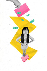 Zine sketch image vertical collage of happy businesswoman receive dollar banknotes transaction...