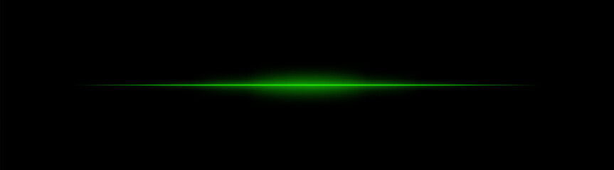Thin green laser beam across dark background with glowing center. Minimalistic horizontal light effect with sharp gradient and smooth fade at edges.