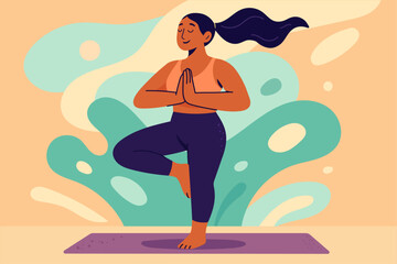 Confident plus size woman doing yoga at home – Tree pose (Vrikshasana)