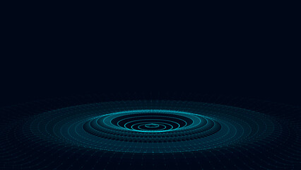 Abstract music sound wave with dots and lines. Dark cyberspace with moving particles. Vector futuristic blue circle wave with digital database. Big data analytics.