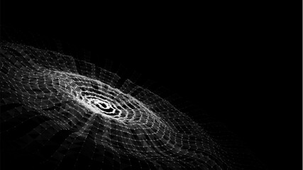Abstract music sound wave with dots and lines. Dark cyberspace with moving particles. Vector futuristic black circle wave with digital database. Big data analytics.