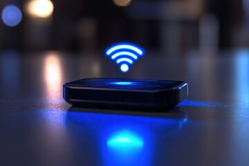 Modern Smartphone on Table with Glowing Wi-Fi Signal Icon