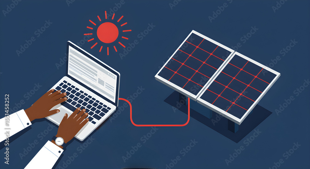 Poster black man hands typing on a laptop computer connected to a solar panel with a graph and sun icon. re