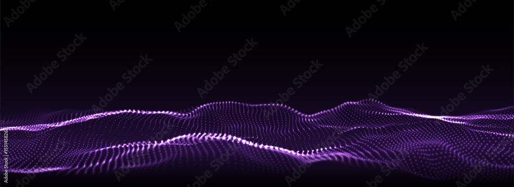 Poster vector digital technology wave. dark cyberspace with purple motion dots. futuristic digital backgrou