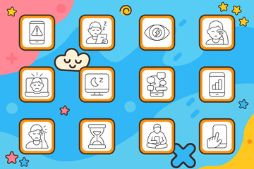 Digital fatigue set icon. Mobile alert, drowsy user, eye pain, face rub, screen overload, night monitor, app bubbles, smartphone usage, headache, hourglass, man with tablet, hand on screen