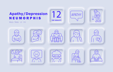 Depression set icon. Sadness, emotional fatigue, mood swings, apathy, sleeplessness, loneliness, heartache, fake emotions, food rejection, poor concentration, insomnia, rainy mood, fake smile.