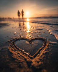 Heart sign drawn on wet sand on blurred sea beach background. Seaside holiday and travel concept. For Valentine's Day. Seascape view for wallpaper, poster