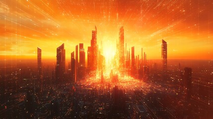 Futuristic Cityscape in Digital Glory with Radiant Sunset and Network Connections