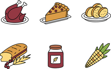 Hand Drawn Thanksgiving Icons for Autumn and Holiday Design Projects. Festive Thanksgiving Icon Collection for Seasonal Graphic Needs. Thanksgiving Symbol Set Ideal for Holiday Cards and Posters