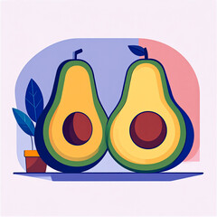 Illustration of Two Halved Avocados With Plant