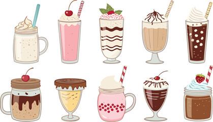 Flat Icon Set of Milkshake and Dessert Drink Glasses Sweet Treats and Colorful Toppings in Minimal Style on White Background.